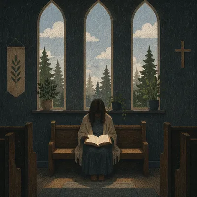 Woman Reading Bible by Evergreen Window