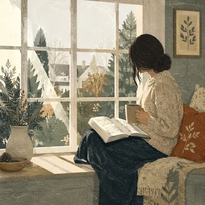 Woman Reading Bible Beside Evergreen Window