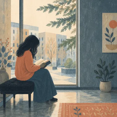 Woman Reading Bible by Evergreen Window