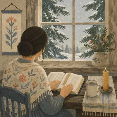 Woman Reading Bible Beside Winter Window