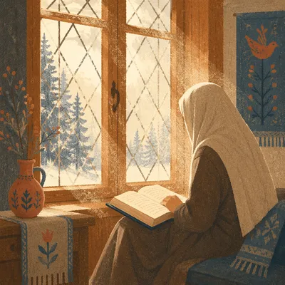 Woman Reading Bible by Evergreen Window