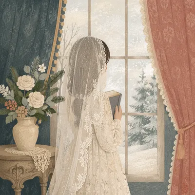 Veiled Woman Reading Bible by Winter Window