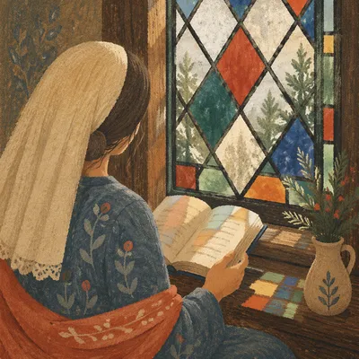 Woman Reading Bible by Stained Glass Window
