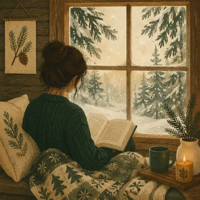 Woman Reading Bible by Frosted Cabin Window