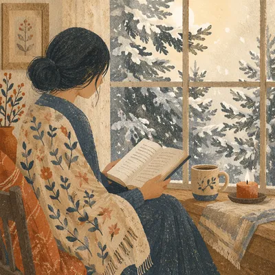 Quiet Bible Reading by Snowy Evergreen Window