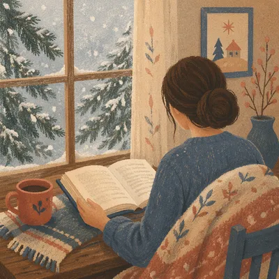 Quiet Bible Reading by Snowy Evergreen Window