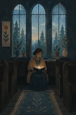 Woman Reading Bible Beside Chapel Windows
