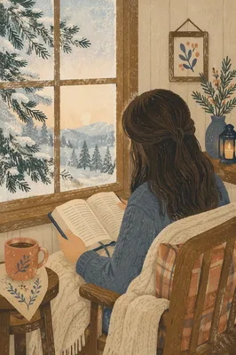 Woman Reading Bible by Snowy Evergreen Window