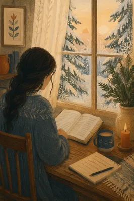Woman Reading Bible Beside Snowy Evergreen Window
