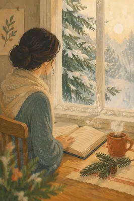 Quiet Bible Reading by Snowy Evergreen Window