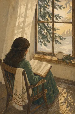 Woman Reading Bible Beside Evergreen Window