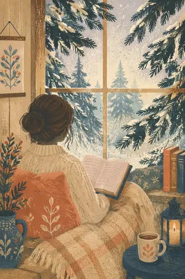 Woman Reading Bible by Evergreen Window