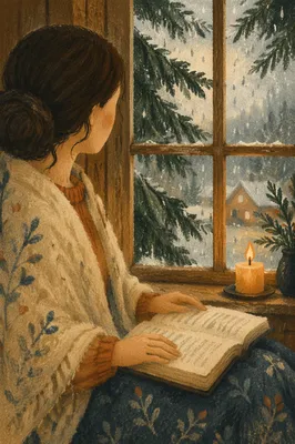 Woman Reading Bible by Rainy Cottage Window
