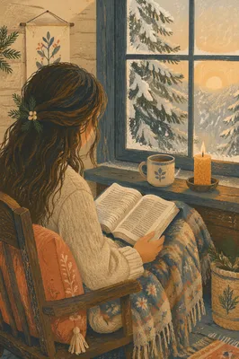 Woman Reading Bible Beside Snowy Evergreen Window
