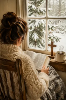 Quiet Bible Reading by Frosted Cottage Window