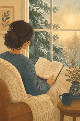 Woman Reading Bible by Frosted Evergreen Window