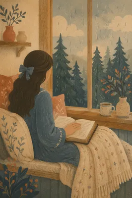 Quiet Bible Reading by Rainy Evergreen Window