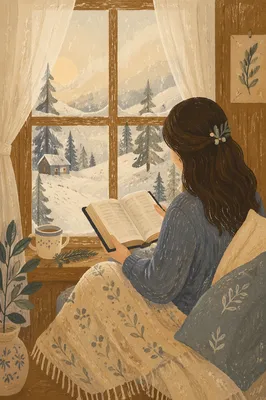 Woman Reading Bible in Winter Window Nook