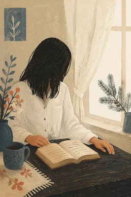 Woman Reading Bible by Bright Window