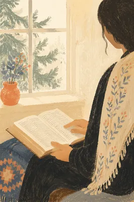 Woman Reading Bible by Bright Window