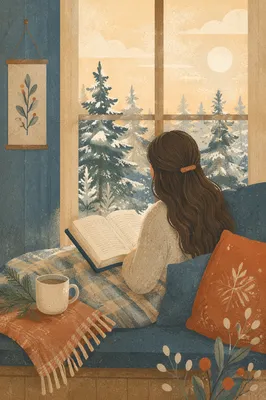 Woman Reading Bible by Frosted Evergreen Window