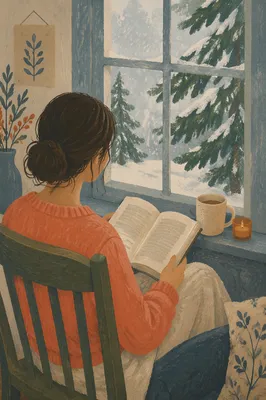 Woman Reading Bible by Snowy Evergreen Window