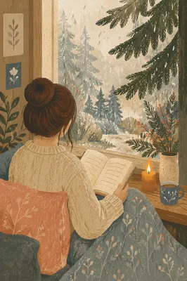 Woman Reading Bible Beside Rainy Evergreen Window