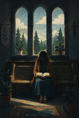 Woman Reading Bible by Evergreen Window