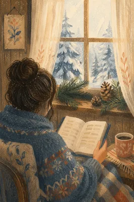 Woman Reading Bible by Frosted Cottage Window