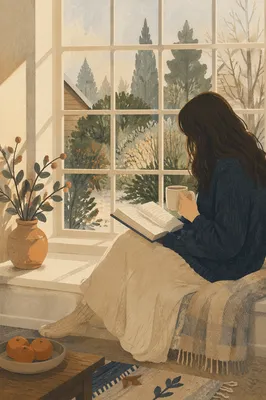 Woman Reading Bible by Winter Window
