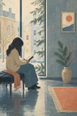 Woman Reading Bible Beside Evergreen Window