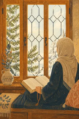 Woman Reading Bible by Winter Window