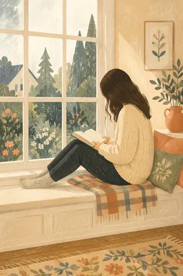 Woman Reading Bible by Sunlit Evergreen Window