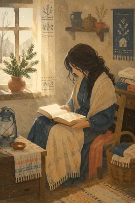 Woman Reading Bible by Rustic Window