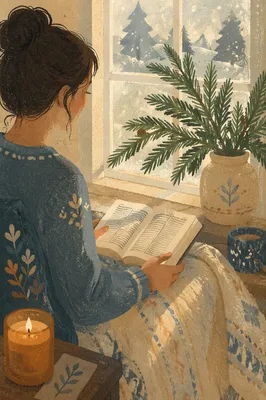 Woman Reading Bible by Winter Window