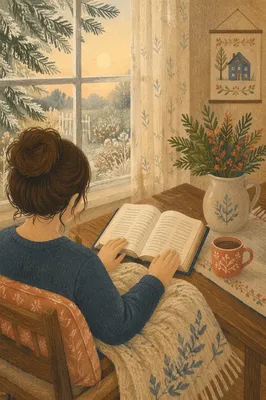 Woman Reading Bible by Frosted Farmhouse Window