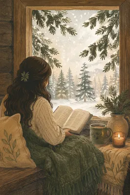 Woman Reading Bible by Frosted Cabin Window