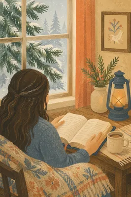 Quiet Bible Reading by Snowy Evergreen Window