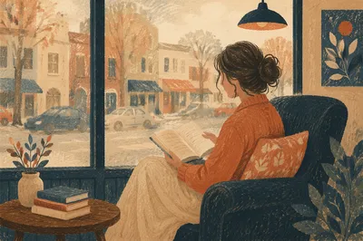 Woman Reading Bible Beside Cafe Window