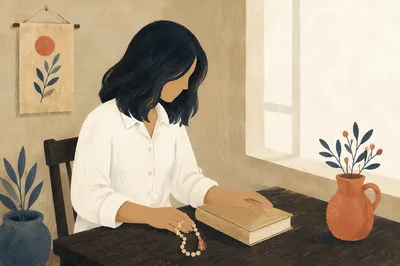 Woman Praying Beside Window With Bible
