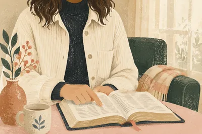Woman Reading Bible by Evergreen Window