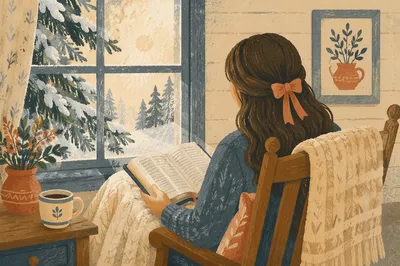 Woman Reading Bible Beside Winter Window