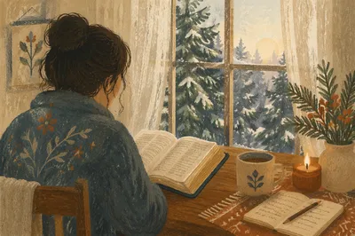 Woman Reading Bible by Winter Window