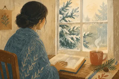 Woman Reading Bible by Snowy Evergreen Window