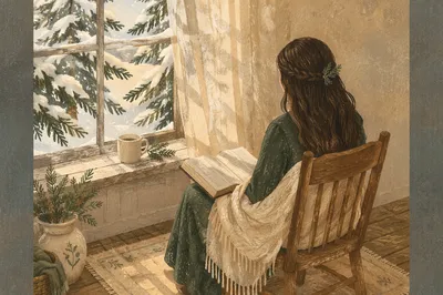 Quiet Bible Reading by Winter Evergreen Window