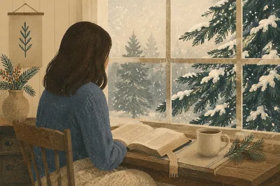 Woman Reading Bible Beside Snowy Window