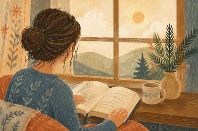 Woman Reading Bible by Evergreen Window