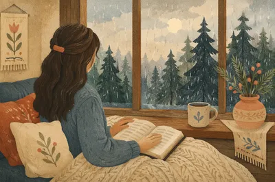 Woman Reading Bible by Evergreen Window