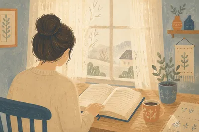 Woman Reading Bible by Winter Window