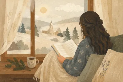 Woman Reading Bible by Winter Window